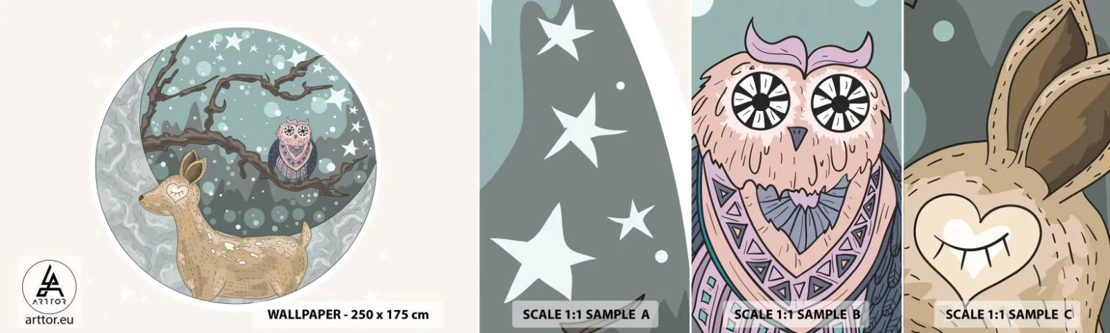 Prøve Fototapet Selvklæbende Deluxe Sticker - En eventyrlig skovnat - For børn, Grafik, Stjerner - 100x30 cm