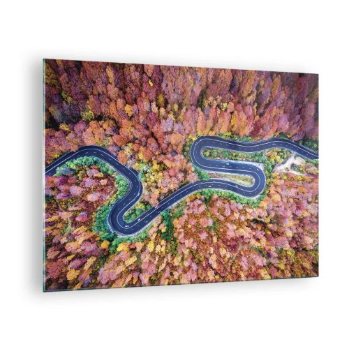 Billede på glas - Fugleperspektiv af en snoet vej blandt farverige efterårstræer - 70x50cm - En snoet vej gennem skoven - Moderne vægdekoration til stue og soveværelse ARTTOR