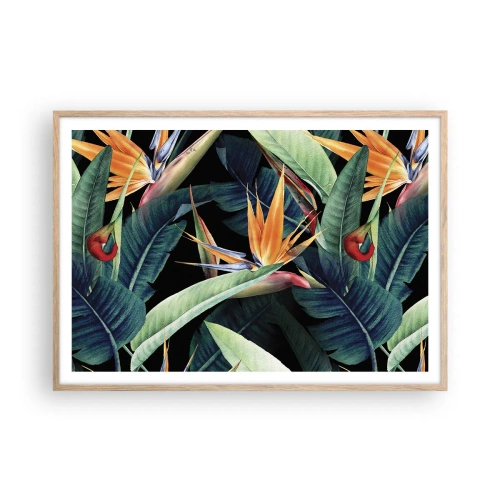 Plakat i ramme af lyst egetræ - Flammeblomster i troperne - 100x70 cm