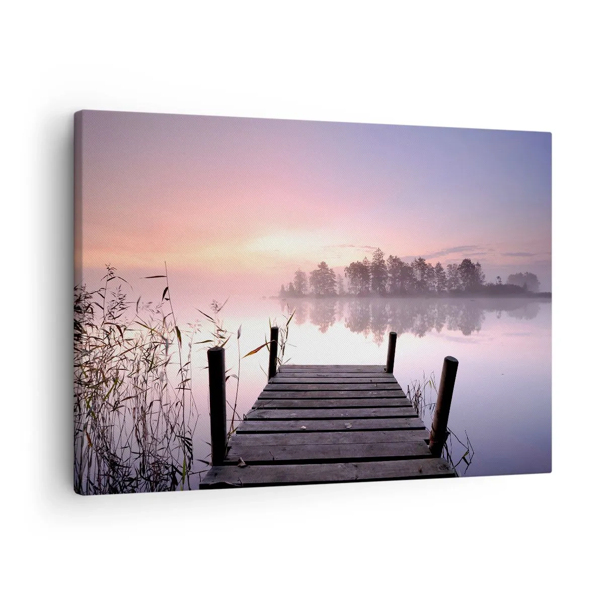Lærredstryk - Billede på lærred - En mole ved søen ved daggry med tåge og en pastelfarvet himmel - 70x50cm - Ud af den lilla tåge... - Moderne vægdekoration til stue og soveværelse ARTTOR