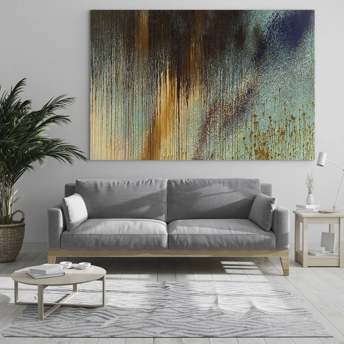 Billede på glas - Abstrakte linjer og pletter i guld, blå og sort - 70x50cm - En utilsigtet farverig komposition - Moderne vægdekoration til stue og soveværelse ARTTOR