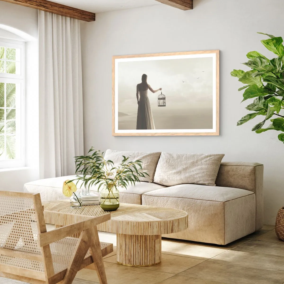 Plakat i ramme af lyst egetræ - Vær fri - 40x30 cm