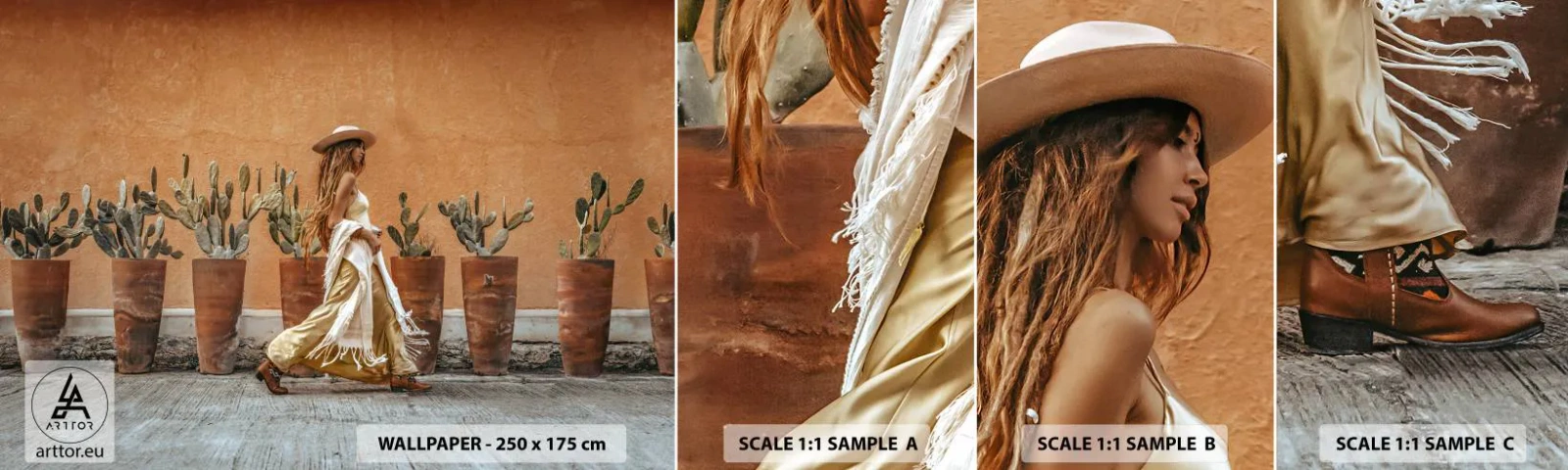 Fototapet Prøve Standard Eco - I en hippieagtig stil - Boho, Kvinde, Kaktusser - 100x30 cm