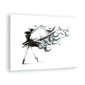 Billede på glas - Danser i bevægelse med svævende fugle - 70x50cm - Musikkens magi sætter dig fri - Moderne vægdekoration til stue og soveværelse ARTTOR