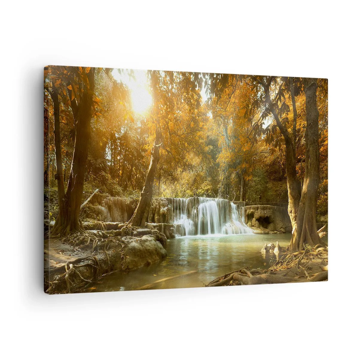 Lærredstryk - Billede på lærred - Efterårslandskab med et vandfald - 70x50cm - Kaskade i parken - Moderne vægdekoration til stue og soveværelse ARTTOR