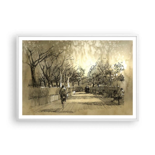 Plakat i hvid ramme - Et øjeblik med fjer - 100x70 cm