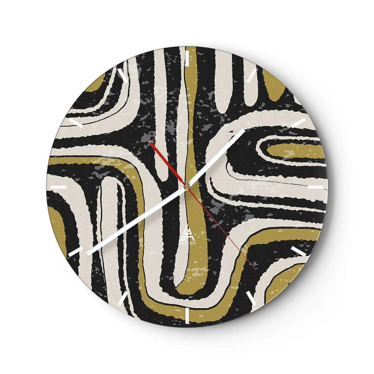 Vægur, Uret - Geometriske striber i beige, sorte og olivenfarvede toner - 30x30cm - Komposition: stier og gyder - Moderne vægdekoration til stue, køkken og soveværelse ARTTOR