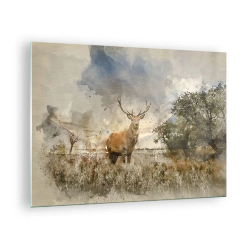 Billede på glas - En hjort i et naturligt landskab med diskrete farver i baggrunden - 70x50cm - Værdighed - styrke - værdighed - Moderne vægdekoration til stue og soveværelse ARTTOR