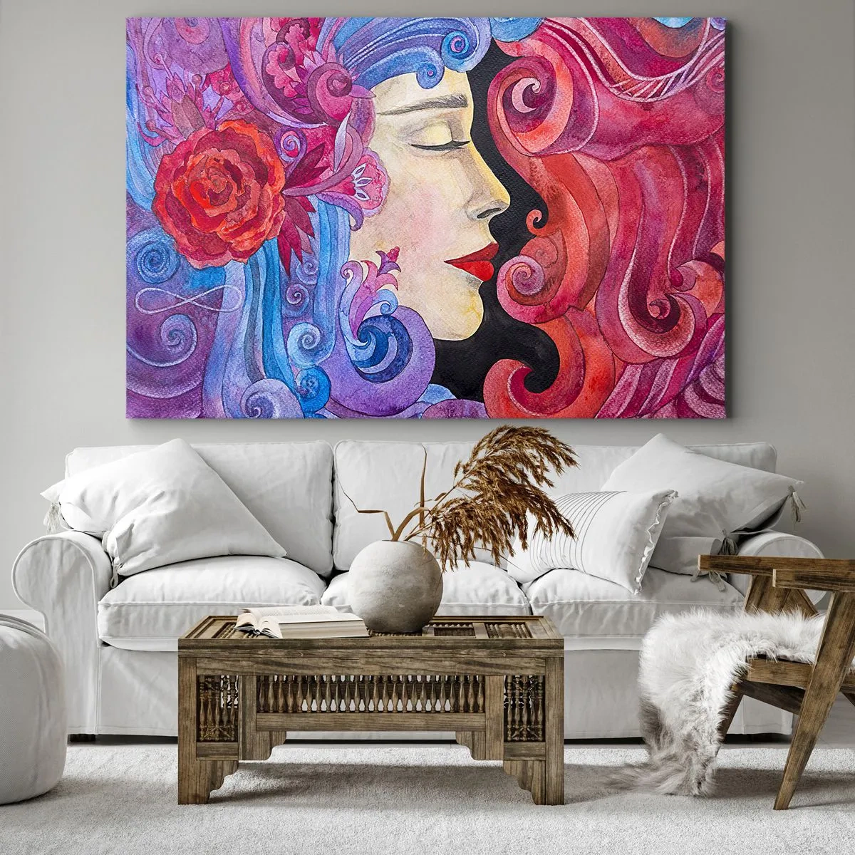 Lærredstryk - Billede på lærred - Farverig profil af en kvinde i kunstnerisk stil - 70x50cm - Art Nouveau er stadig i live - Moderne vægdekoration til stue og soveværelse ARTTOR