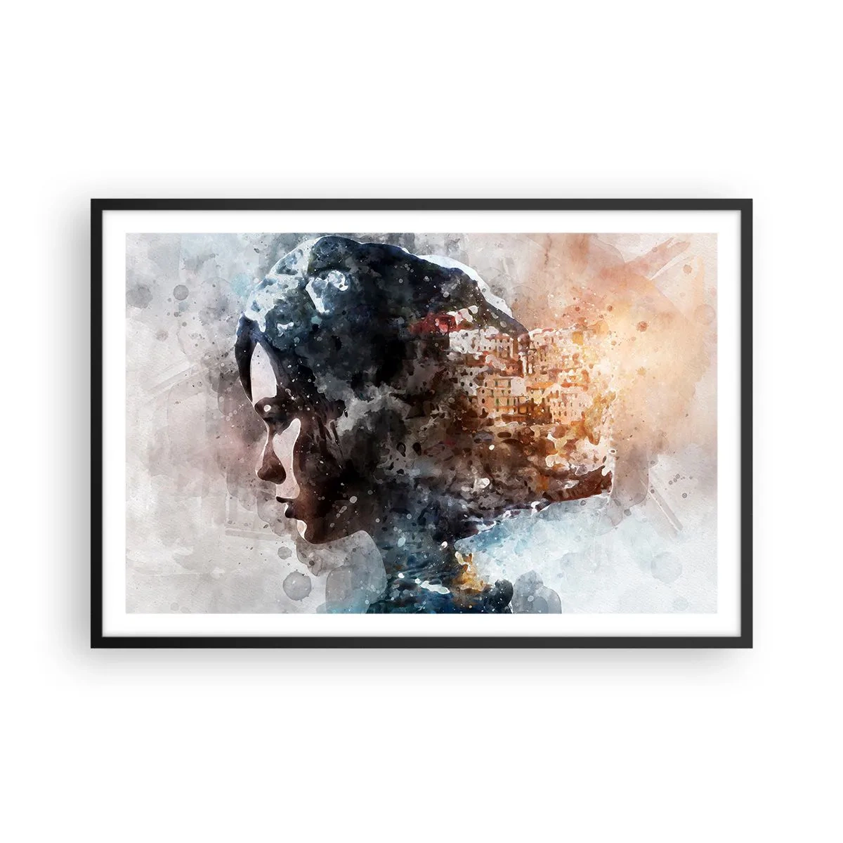 Plakat i sort ramme - Historien om en pige med en by i baggrunden - 91x61 cm