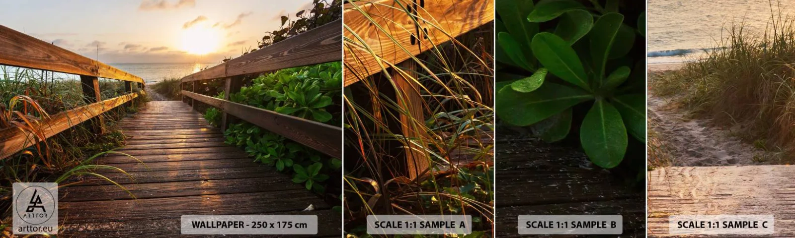 Prøve Fototapet Selvklæbende Deluxe Sticker - Og direkte til kysten - Landskab, Hav, træbro - 100x30 cm