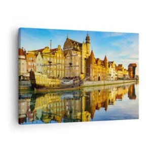 Lærredstryk - Billede på lærred - En malerisk udsigt over den gamle bydel med et sejlskib og vand - 70x50cm - Et spejlbillede af fortiden - Moderne vægdekoration til stue og soveværelse ARTTOR