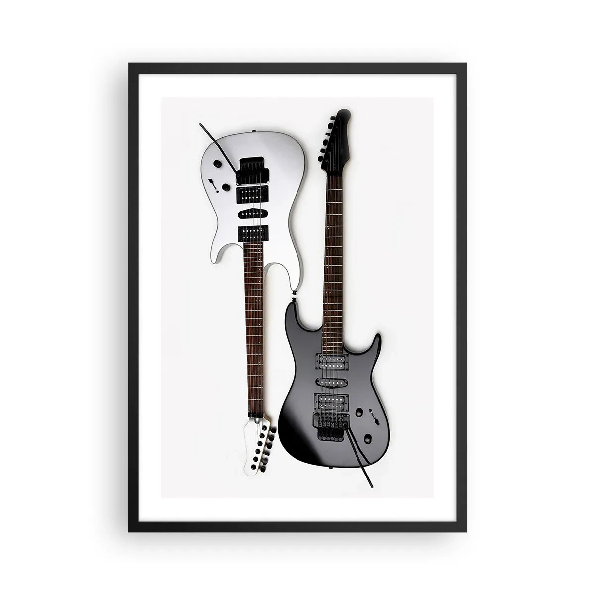 Plakat i sort ramme - Moderne elektriske guitarer på en hvid baggrund - 50x70cm - Harmoni af former - Moderne vægdekoration til stue og soveværelse ARTTOR