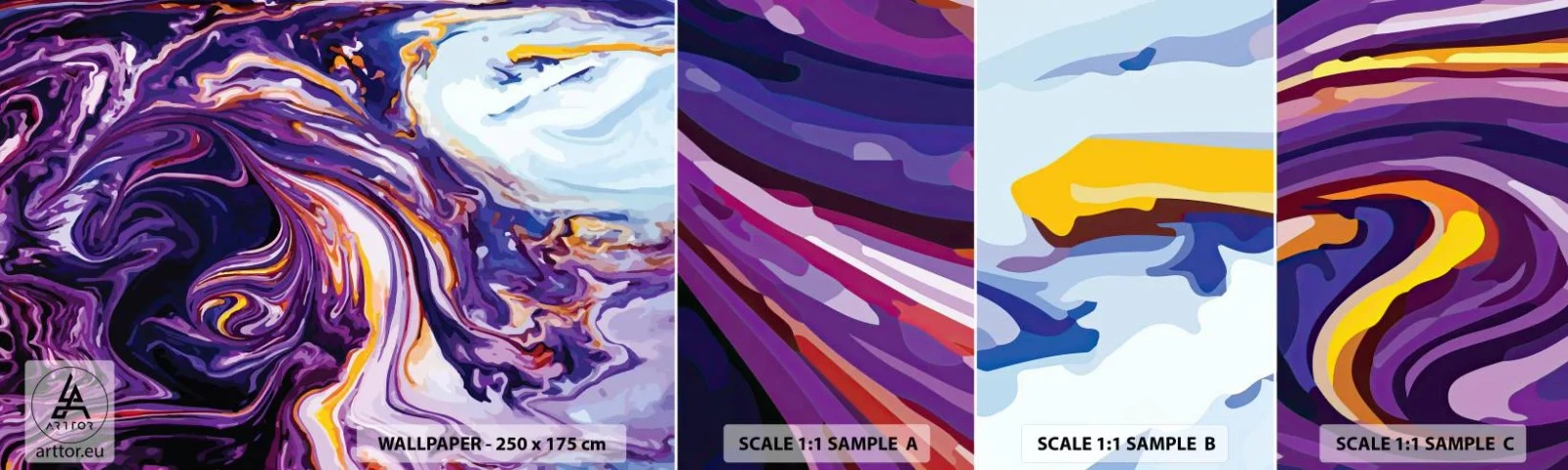 Fototapet Prøve Standard Eco - Rummets bøjning i lilla - Abstraktion, Stykke, Moderne mønster - 100x30 cm