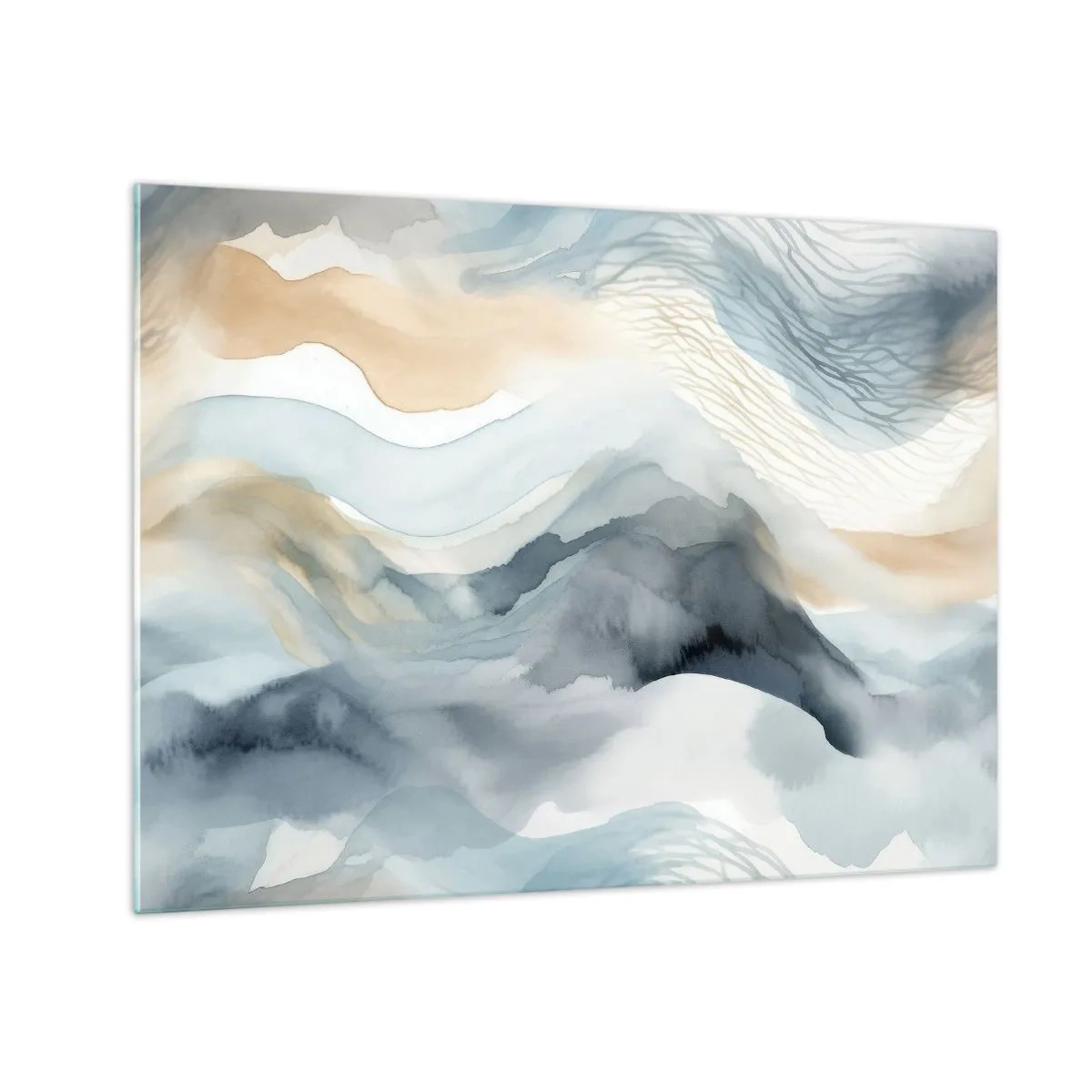 Billede på glas - Abstrakte bølger i beige og blå nuancer - 70x50cm - Abstraktion af sne og tåge - Moderne vægdekoration til stue og soveværelse ARTTOR