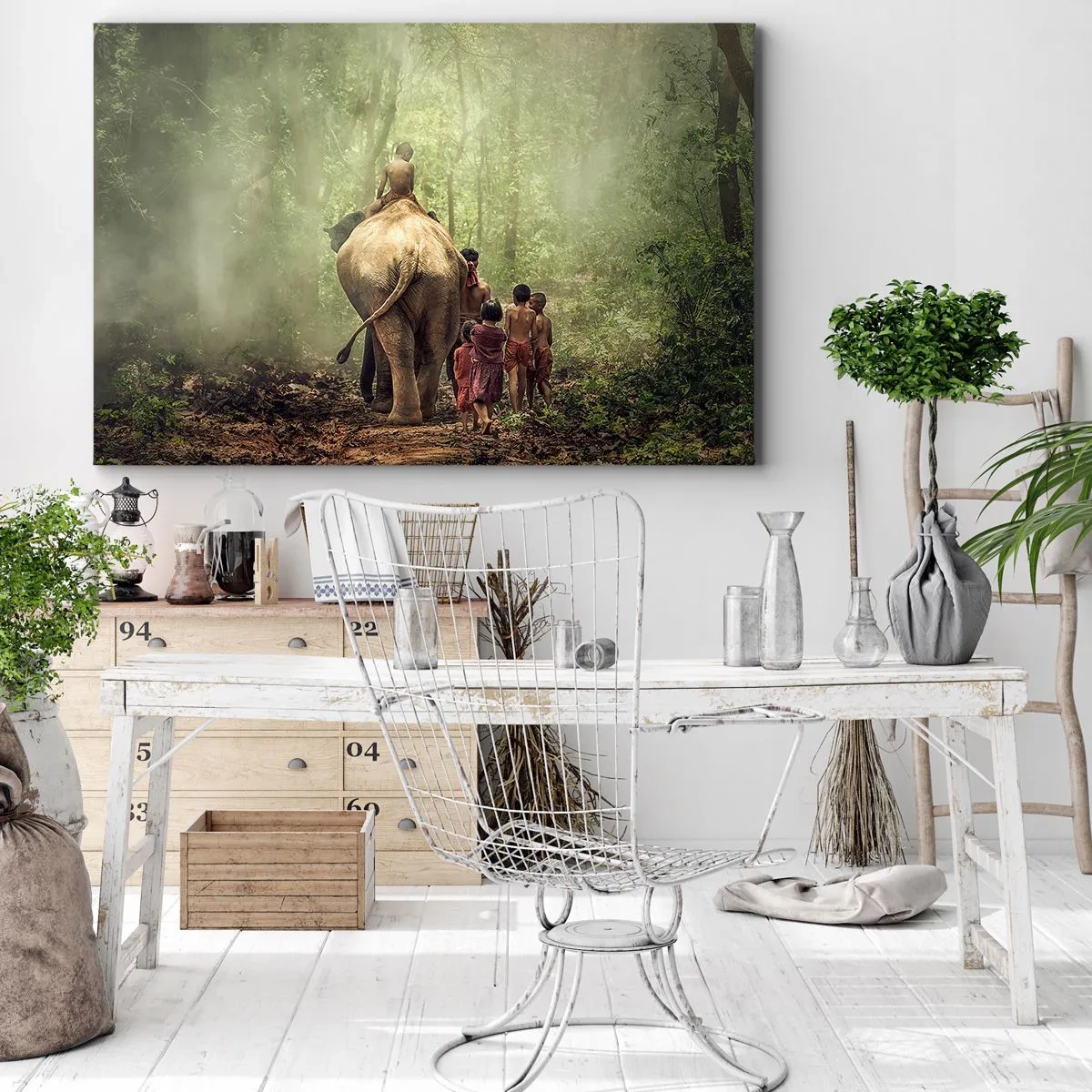 Lærredstryk - Billede på lærred - Børn med en elefant i en grøn skov i morgenlyset - 70x50cm - Den nye Junglebog - Moderne vægdekoration til stue og soveværelse ARTTOR