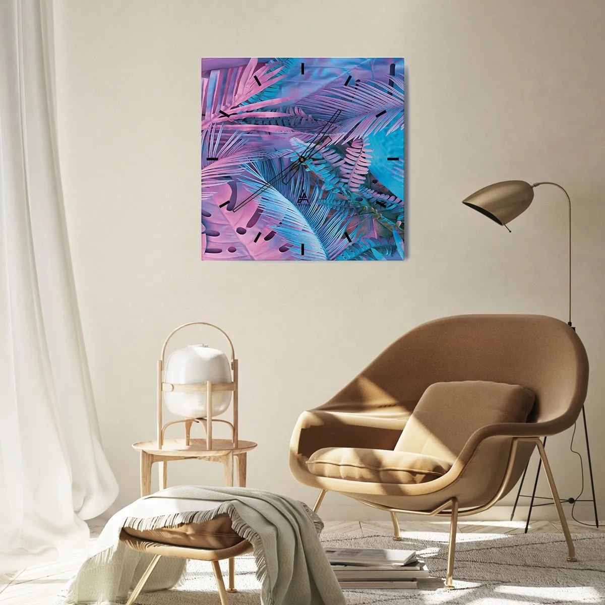 Vægur, Uret - Troperne i lyserød og blå - 30x30 cm