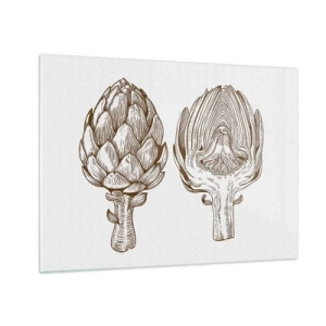 Billede på glas - Botanisk tegning af en artiskok i sin helhed og i tværsnit - 70x50cm - Lektion i anatomi - Moderne vægdekoration til stue og soveværelse ARTTOR