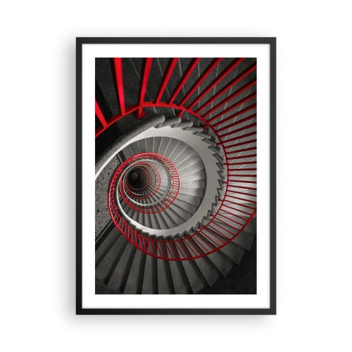 Plakat i sort ramme - Vindeltrappe i sort og hvid med røde gelændere - 50x70cm - Arkitektoniske lege - Moderne vægdekoration til stue og soveværelse ARTTOR