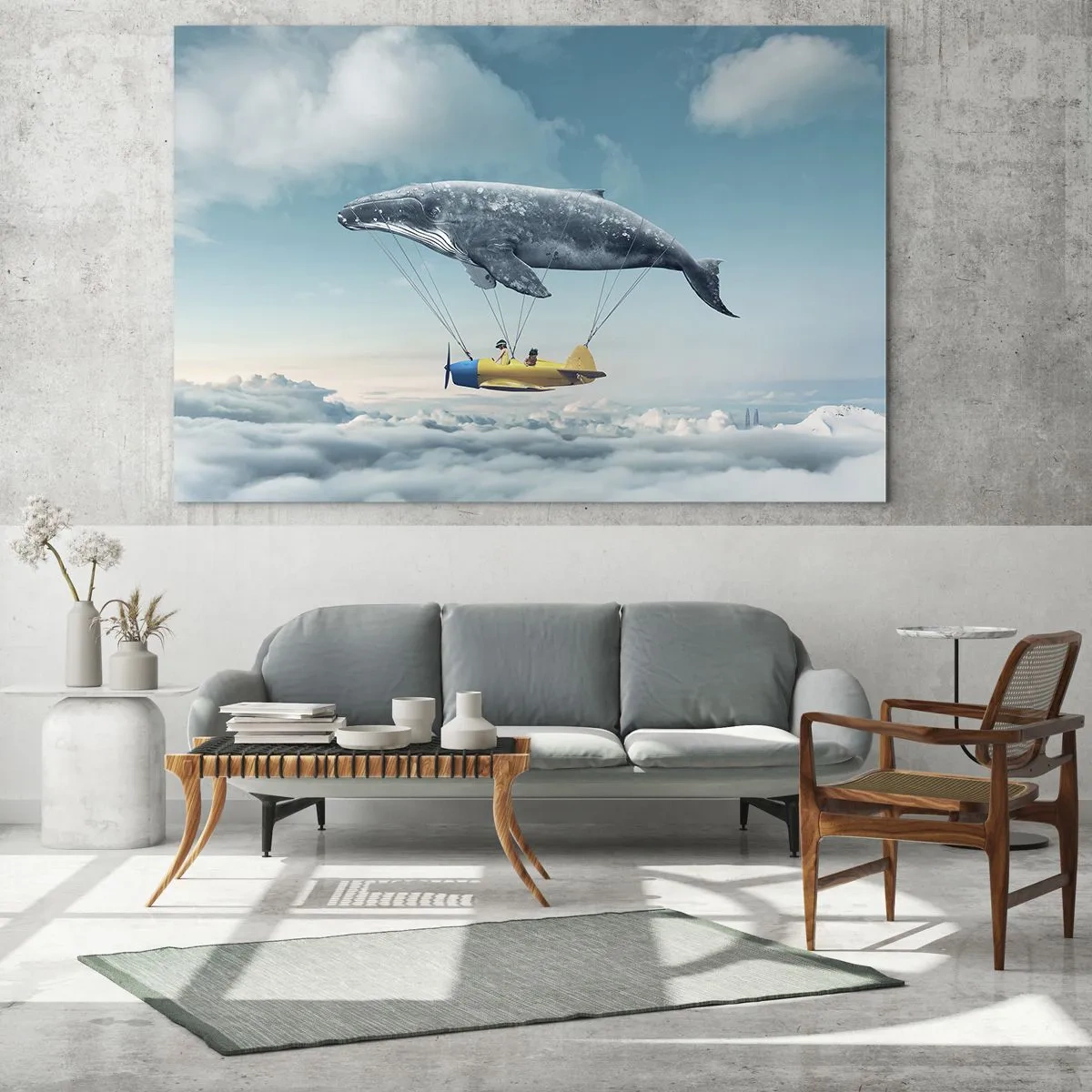 Billede på glas - En hval løfter et fly over skyerne i surrealistiske omgivelser. - 70x50cm - Hvorfor ikke? - Moderne vægdekoration til stue og soveværelse ARTTOR