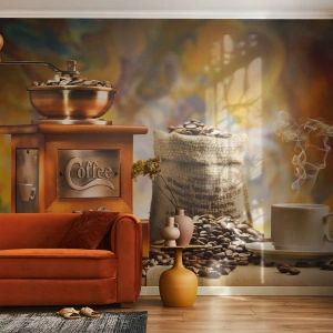 Fototapet Standard Eco - En kaffekværn, en pose bønner og en kop dampende kaffe - 100x70cm - Kornets knitren, møllens klirren - Moderne vægdekoration til stue og soveværelse ARTTOR