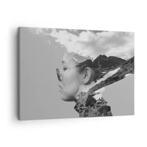 Lærredstryk - Billede på lærred - En sort-hvid komposition med en kvindesilhuet og et bjerglandskab. - 70x50cm - Portræt af toppen og skyen - Moderne vægdekoration til stue og soveværelse ARTTOR