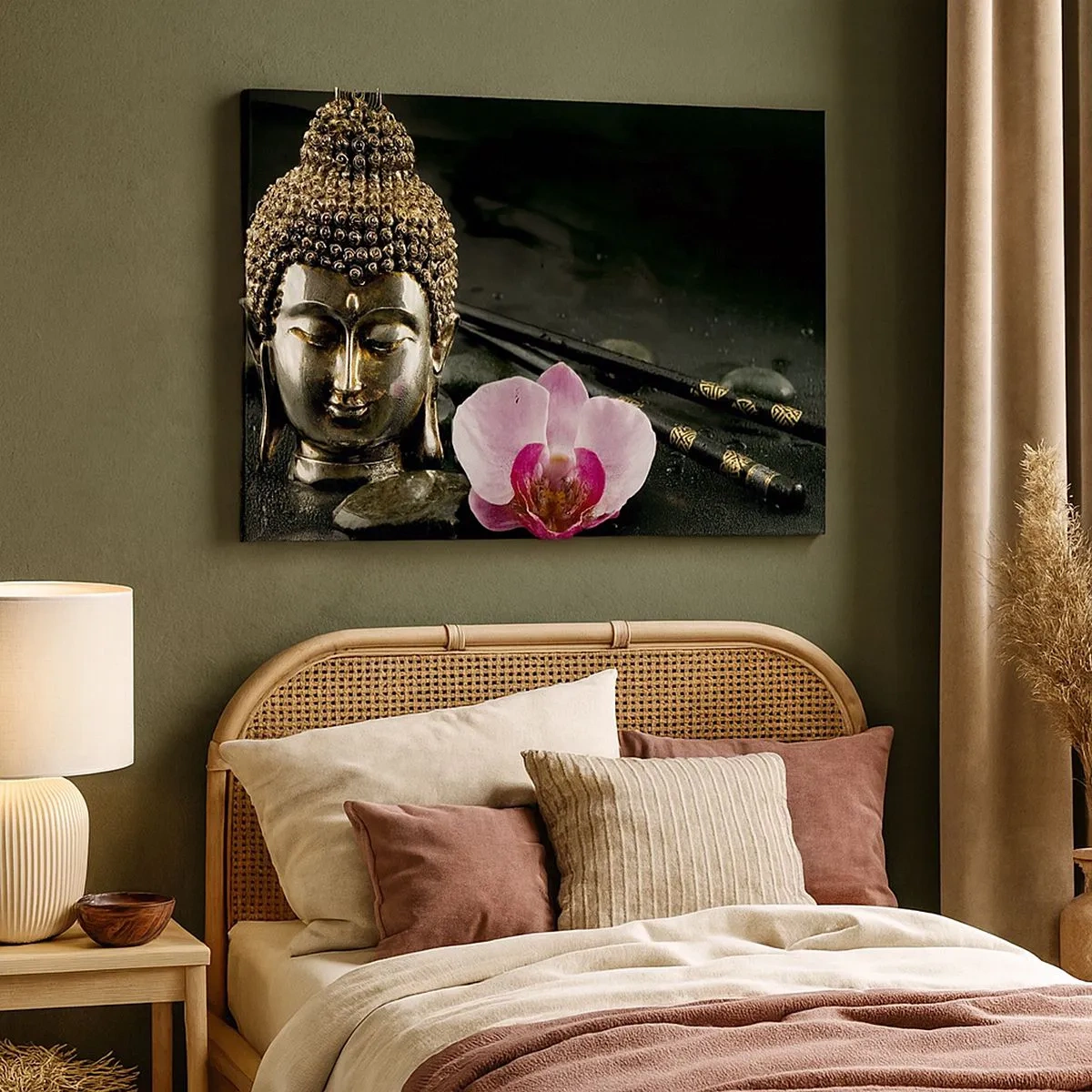 Lærredstryk - Billede på lærred - En Buddha-statue med en orkidé og spisepinde mod en baggrund af sten - 70x50cm - Harmoni mellem visdom og skønhed - Moderne vægdekoration til stue og soveværelse ARTTOR