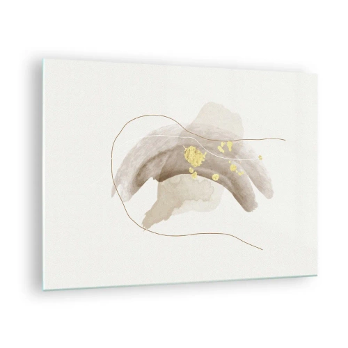 Billede på glas - Beige og guld abstraktion med fine linjer og former - 70x50cm - Mødt i rummet - Moderne vægdekoration til stue og soveværelse ARTTOR