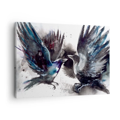 Lærredstryk - Billede på lærred - Kunstneriske ravne i en dynamisk akvarelkomposition - 70x50cm - En ravn til en ravn... - Moderne vægdekoration til stue og soveværelse ARTTOR