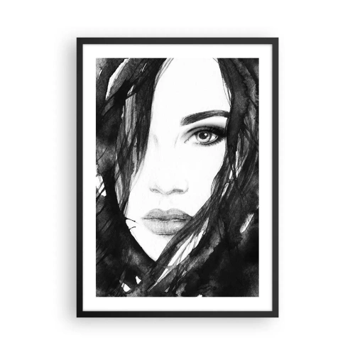 Plakat i sort ramme - Sort-hvid akvarel af en kvindes ansigt - 50x70cm - Portræt af en dame i sort og hvidt - Moderne vægdekoration til stue og soveværelse ARTTOR