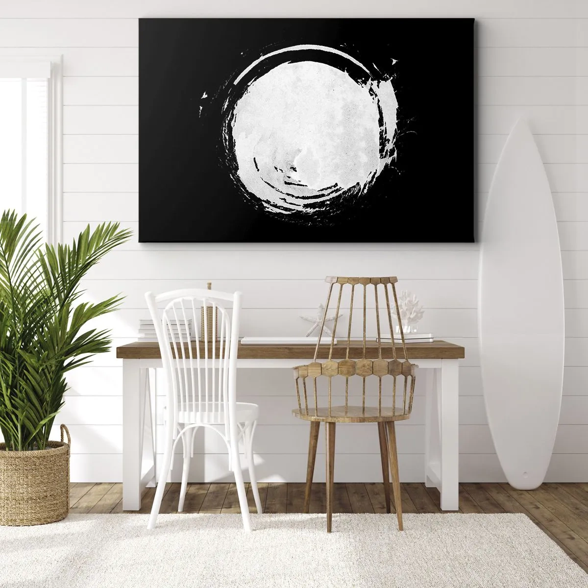 Lærredstryk - Billede på lærred - En hvid cirkel på en sort baggrund i minimalistisk stil. - 70x50cm - Den gode vej ud - Moderne vægdekoration til stue og soveværelse ARTTOR