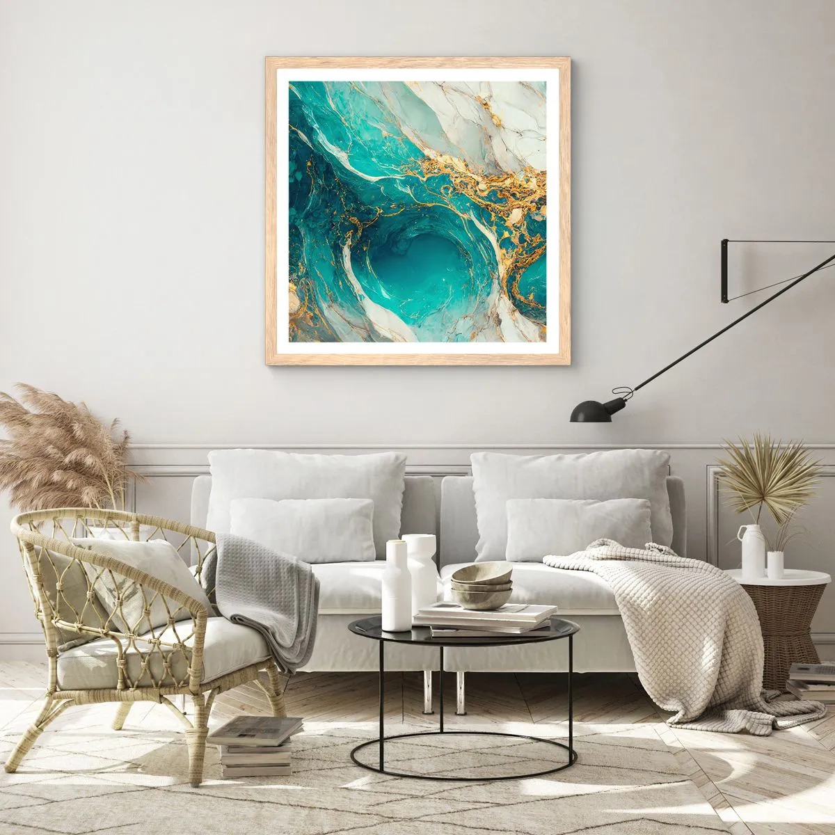 Plakat i ramme af lyst egetræ - Komposition med årer af guld - 30x30 cm