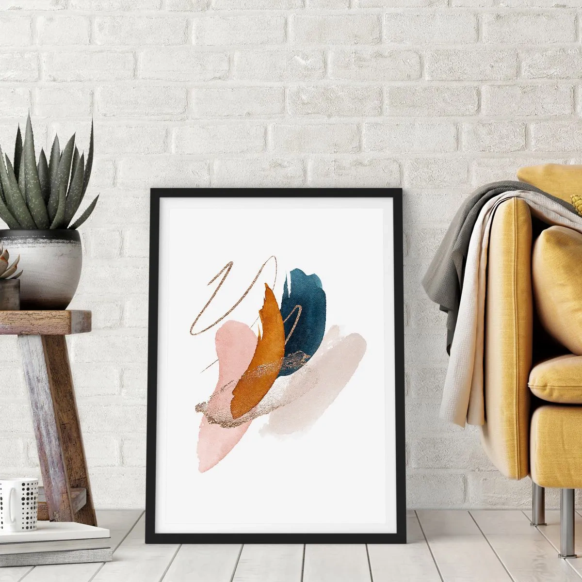 Plakat i sort ramme - Delikat abstraktion i pastelfarver - 50x70cm - Bevinget sammensætning - Moderne vægdekoration til stue og soveværelse ARTTOR