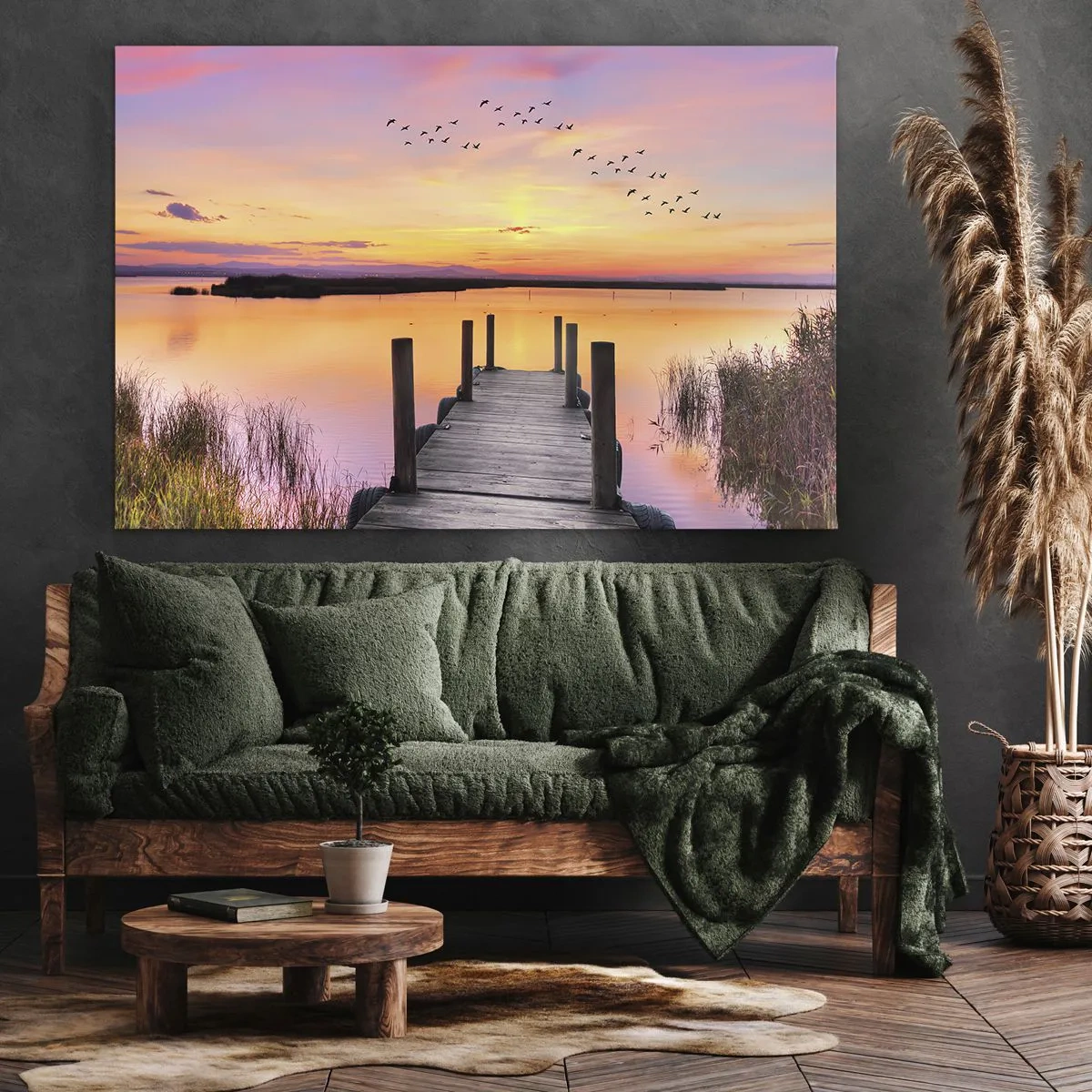 Lærredstryk - Billede på lærred - En mole ved en sø ved solnedgang med fugle på himlen - 70x50cm - Violet stille daggry - Moderne vægdekoration til stue og soveværelse ARTTOR