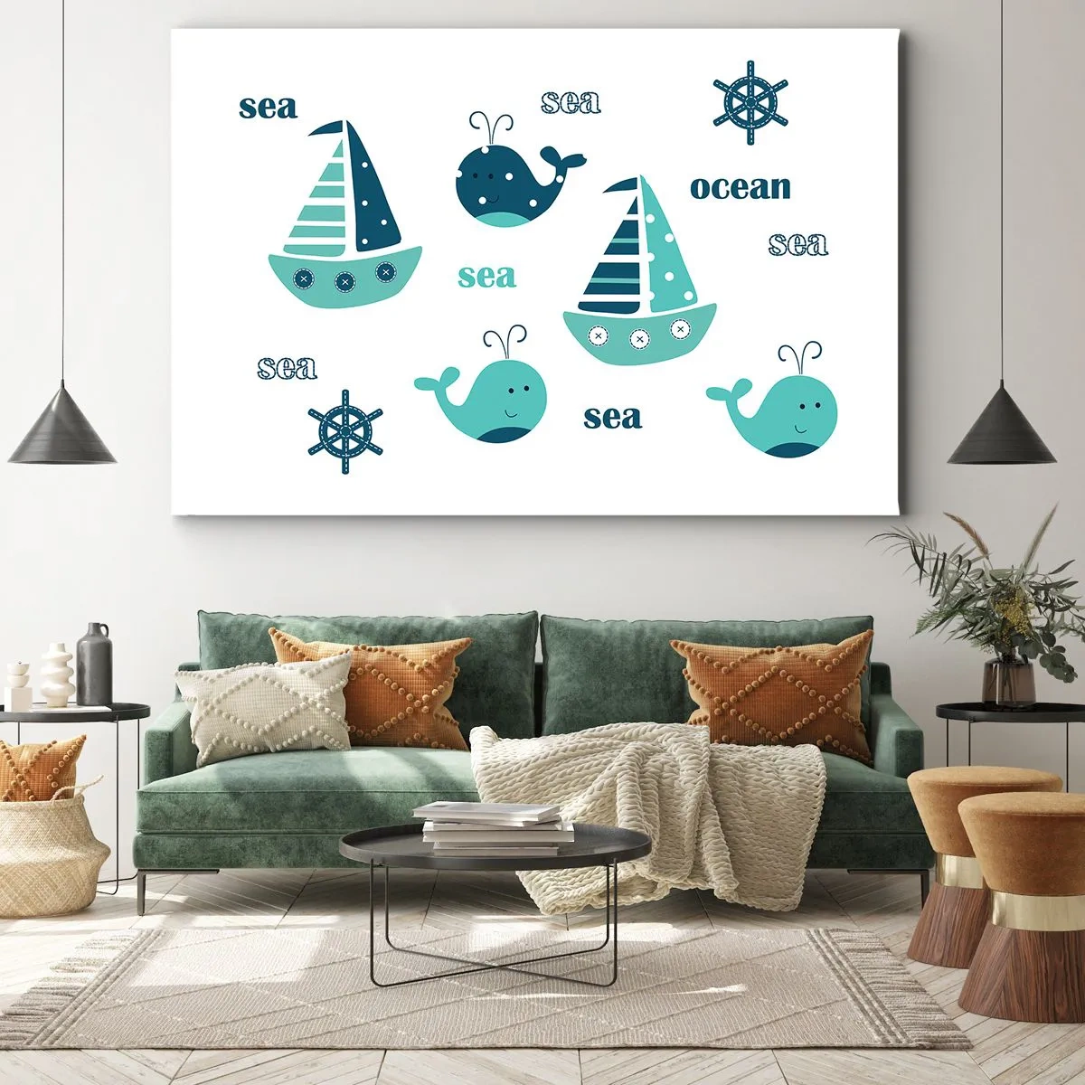 Lærredstryk - Billede på lærred - Charmerende nautiske motiver med hvaler og sejlbåde - 70x50cm - På tværs af have og oceaner - Moderne vægdekoration til stue og soveværelse ARTTOR