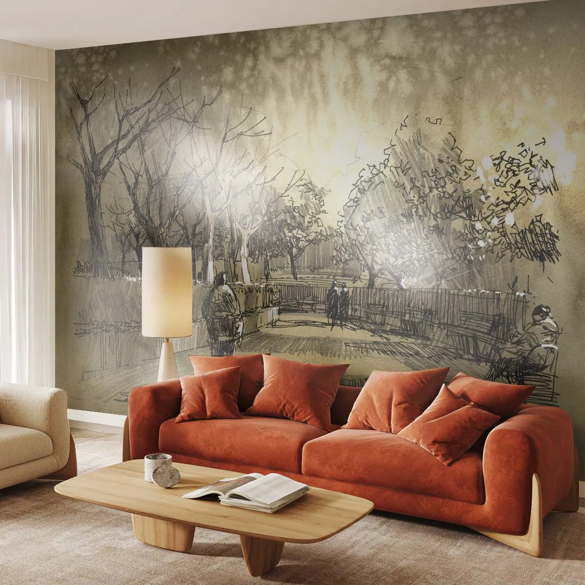 Fototapet Selvklæbende Deluxe Sticker - Et øjeblik med fjer - Park Alley, Parkere, Sepia - 200x140 cm