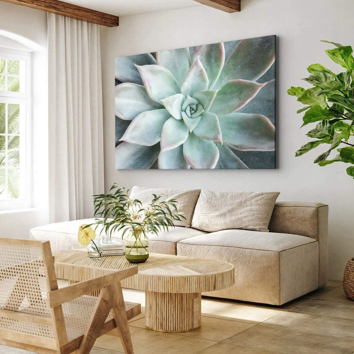 Lærredstryk - Billede på lærred - Nærbillede af en grøn sukkulent - 70x50cm - Hjertet af ørkenen - Moderne vægdekoration til stue og soveværelse ARTTOR