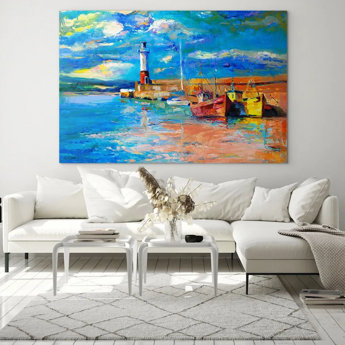 Billede på glas - Rainbow Bay med et fyrtårn og farverige både i havnen - 70x50cm - Eftermiddag i regnbuebugten - Moderne vægdekoration til stue og soveværelse ARTTOR