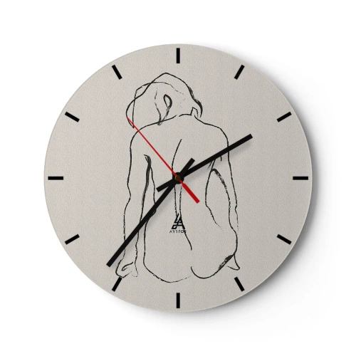 Vægur, Uret - En diskret skitse af en kvindelig silhuet mod en lys baggrund - 30x30cm - Nøgen pige - Moderne vægdekoration til stue, køkken og soveværelse ARTTOR
