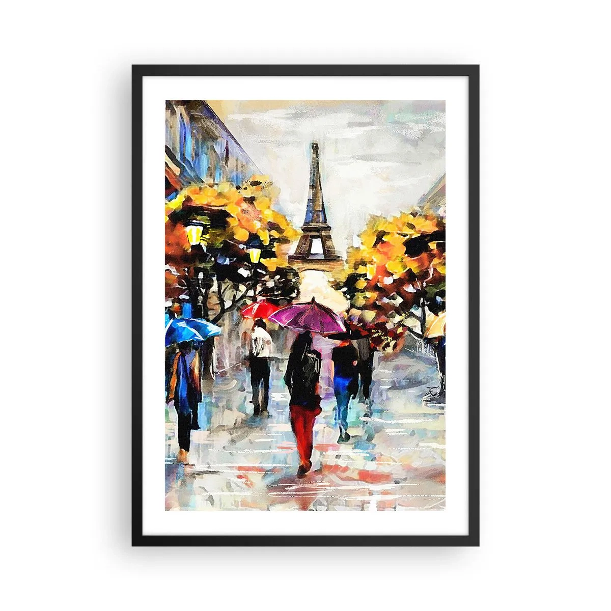 Plakat i sort ramme - Eiffeltårnet i et efterårslandskab med farverige paraplyer - 50x70cm - Særligt smuk om efteråret - Moderne vægdekoration til stue og soveværelse ARTTOR