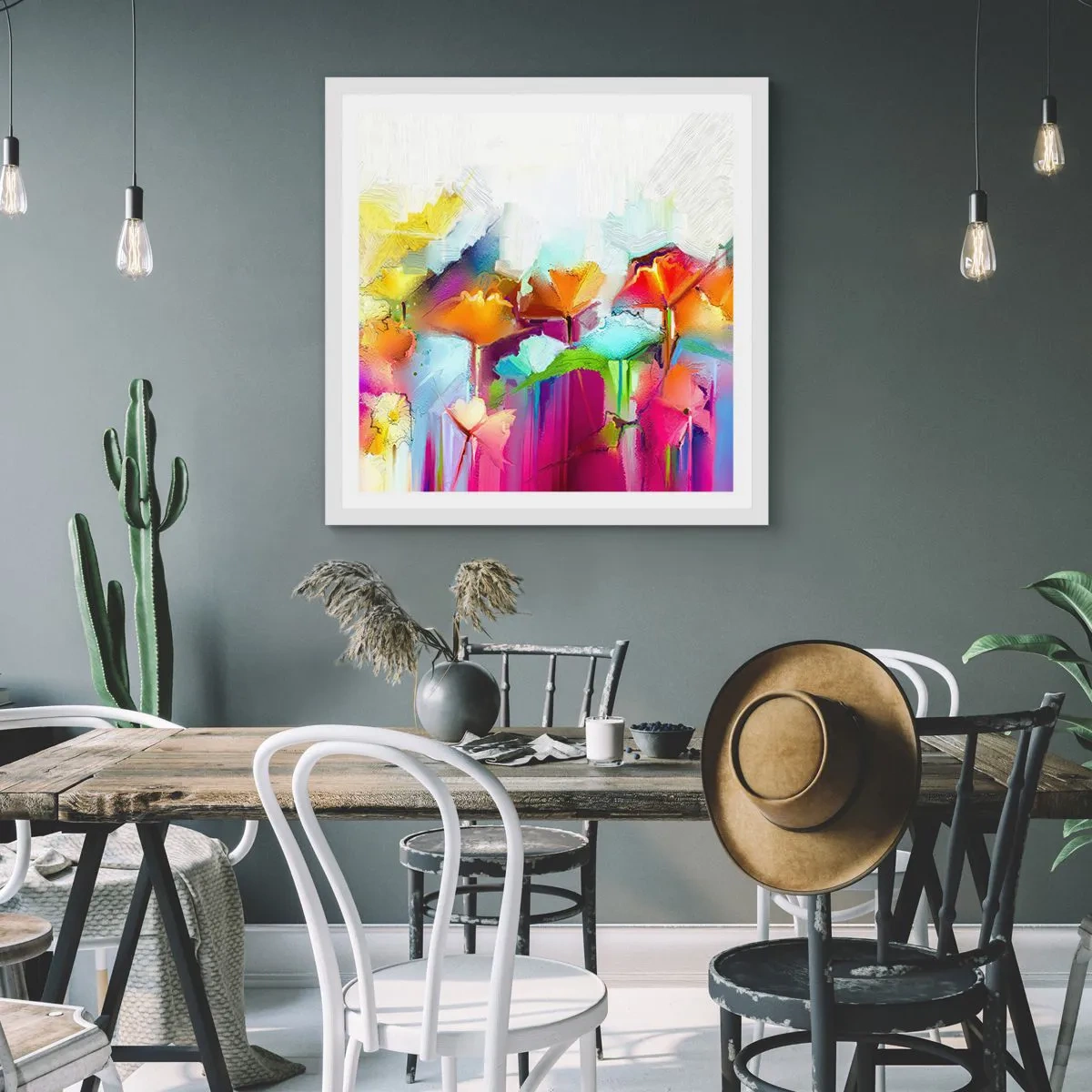 Plakat i hvid ramme - Regnbuen i blomstring - 50x50 cm
