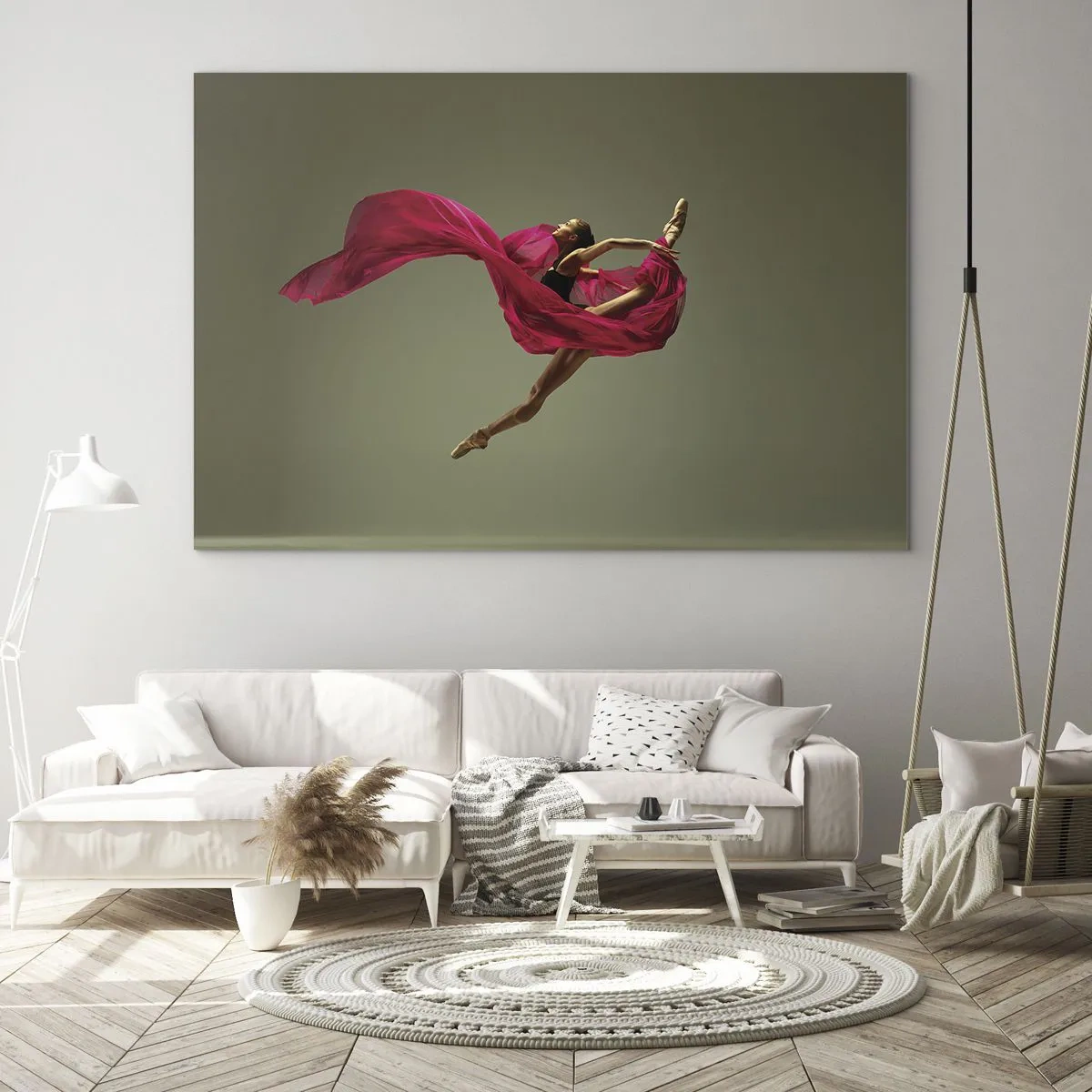 Billede på glas - En danser i flugt med et flagrende fuchsia-stof - 70x50cm - Dansende flamme - Moderne vægdekoration til stue og soveværelse ARTTOR
