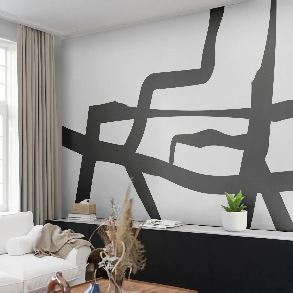 Fototapet Premium Canvas - Sort og hvid konstruktion - Linje, Sort og hvid, Abstraktionisme - 100x70 cm