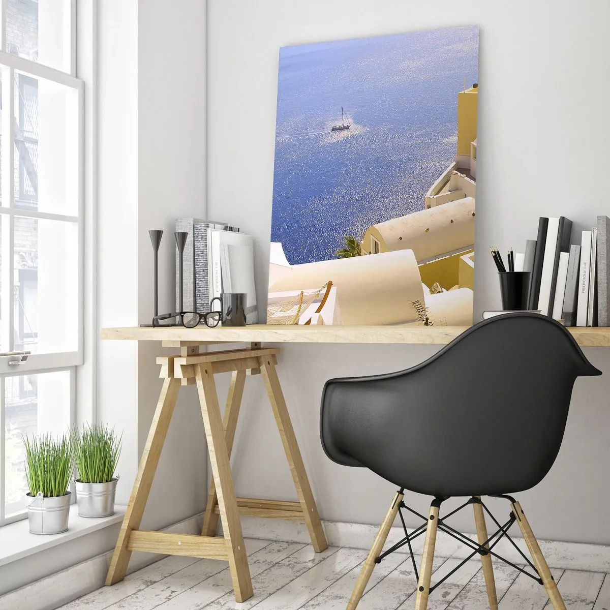 Billede på glas - Græsk landskab i hvid og blå - 50x70 cm