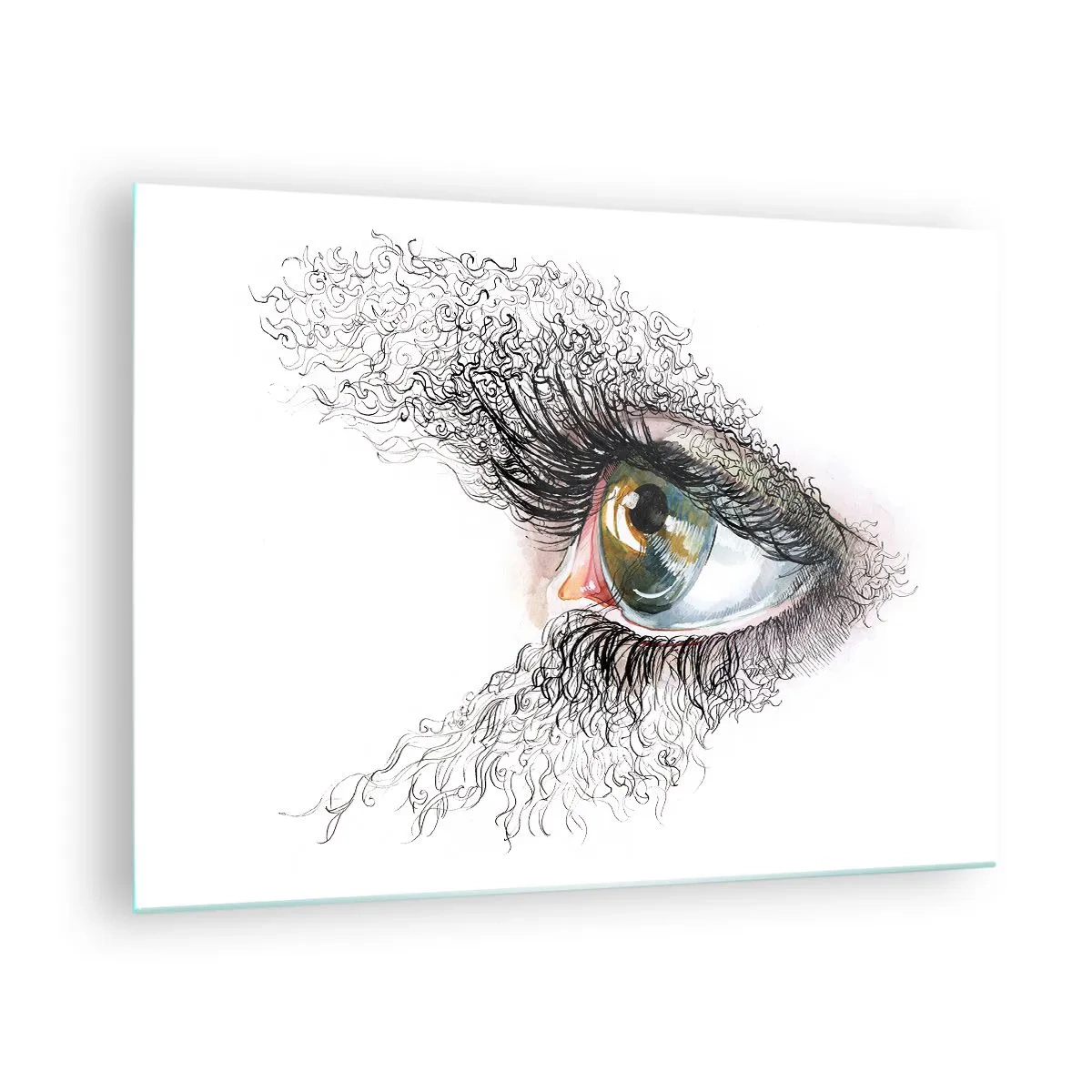 Billede på glas - Et gyldent øje omgivet af dynamiske linjer og abstrakte detaljer - 70x50cm - Se direkte ind i sjælen - Moderne vægdekoration til stue og soveværelse ARTTOR