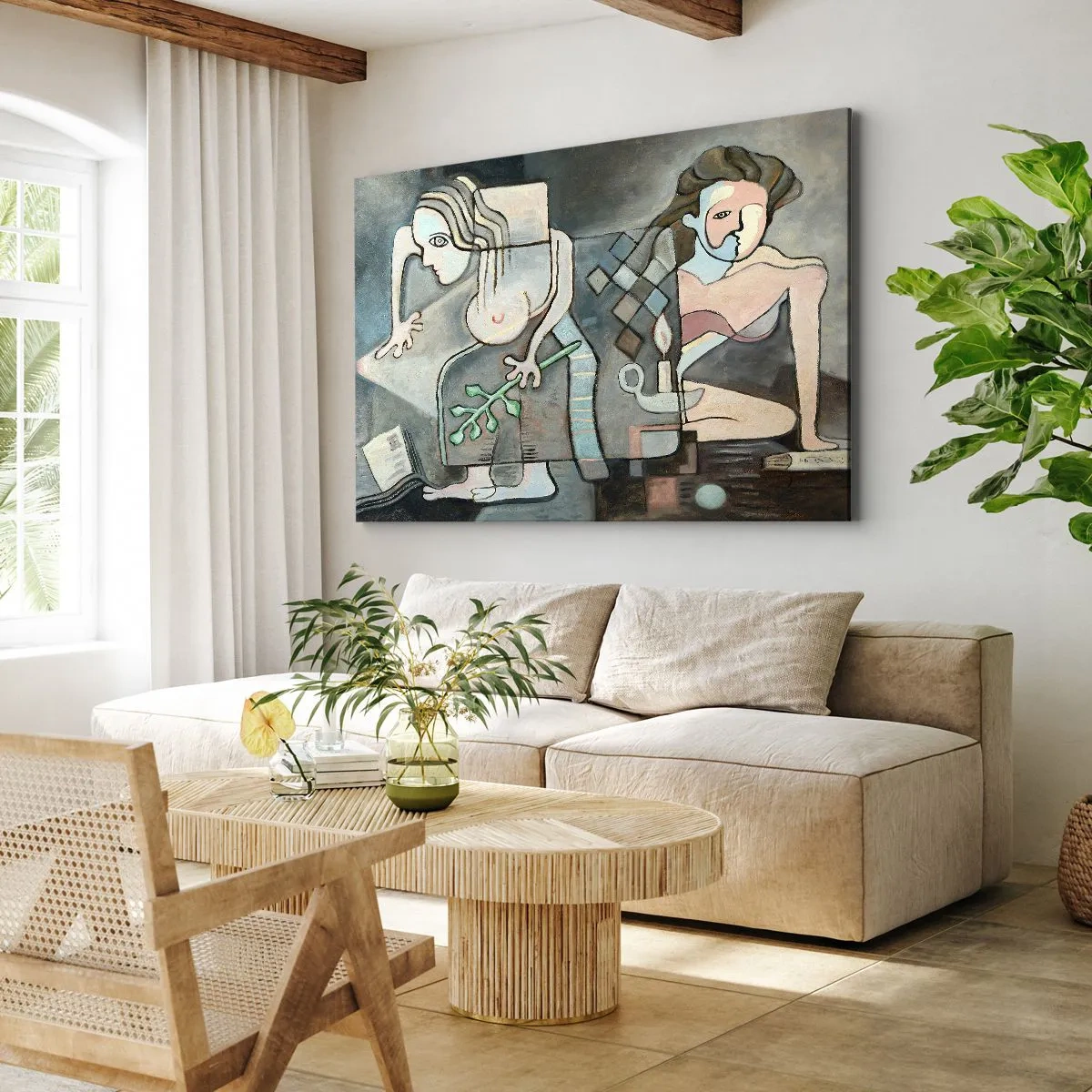 Lærredstryk - Billede på lærred - Abstrakte figurer i en symbolsk komposition med dyb betydning - 70x50cm - En mosaik af ånd og materie - Moderne vægdekoration til stue og soveværelse ARTTOR