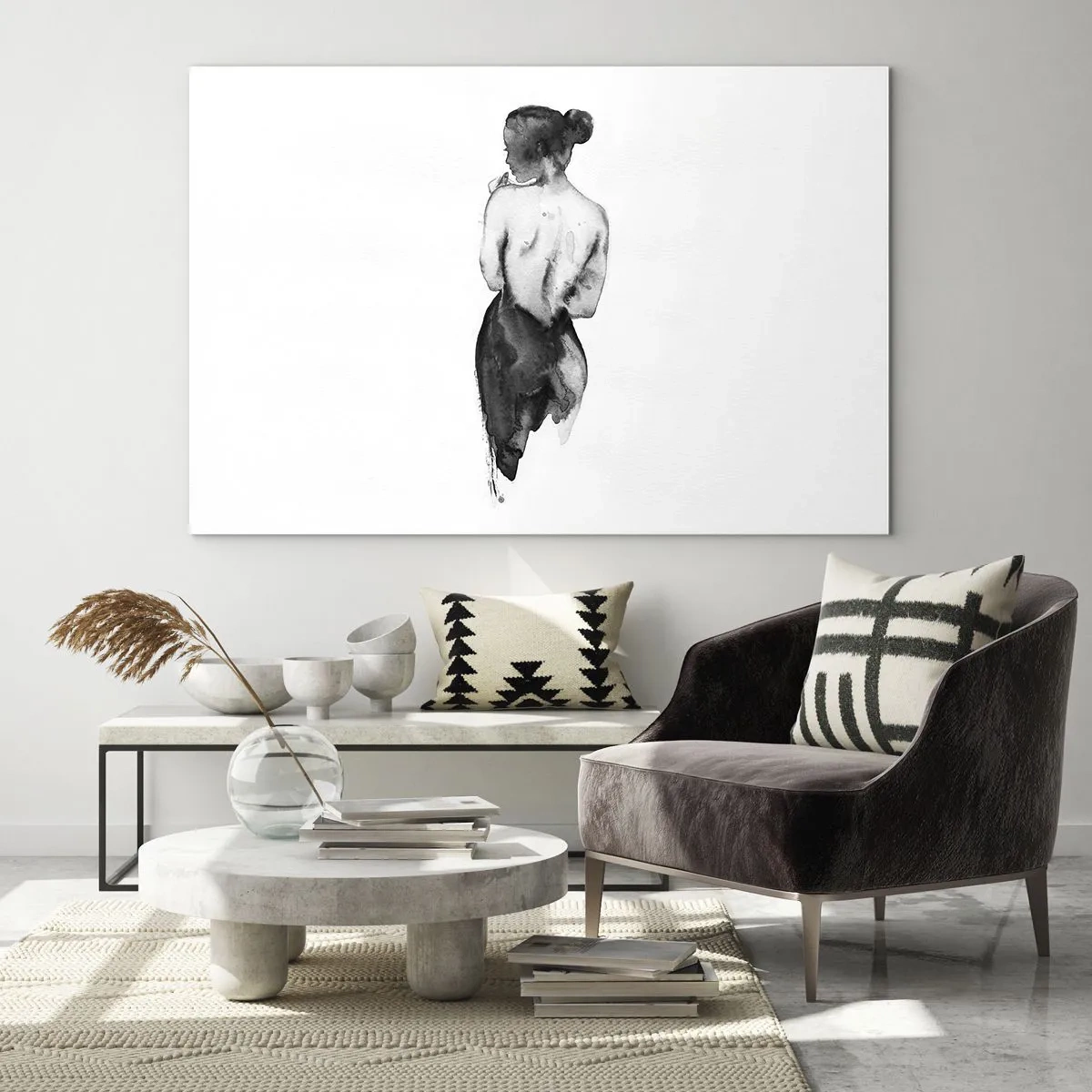Billede på glas - Sort-hvid silhuet af en kvinde i akvarelstil - 70x50cm - Med hende forsvinder verden - Moderne vægdekoration til stue og soveværelse ARTTOR