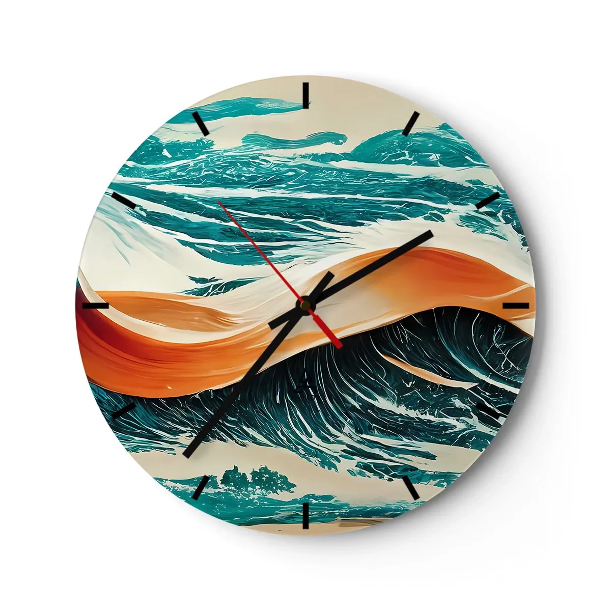Vægur, Uret - Havbølger med et orange bånd i en dynamisk komposition - 30x30cm - Surferens drøm - Moderne vægdekoration til stue, køkken og soveværelse ARTTOR