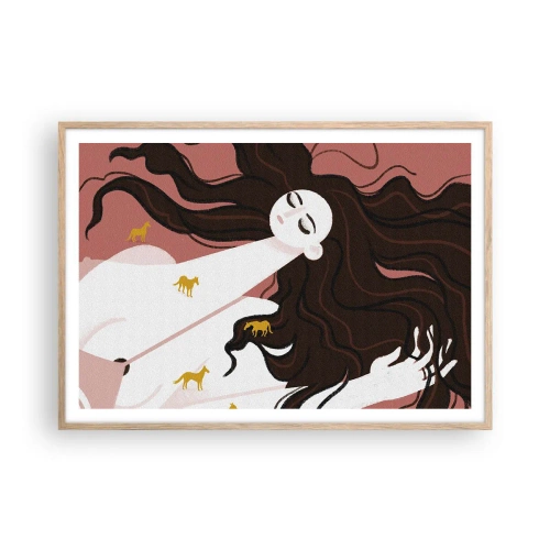 Plakat i ramme af lyst egetræ - Drøm om en gylden hest - 100x70 cm