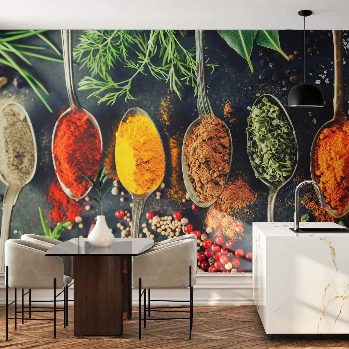 Fototapet Selvklæbende Deluxe Sticker - Kulinarisk magi - Krydderier, Urter, Køkken - 250x175 cm